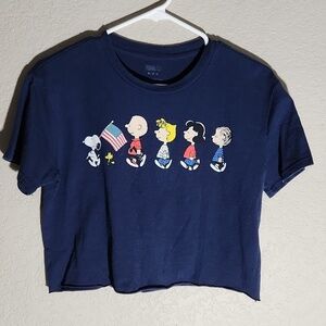 Peanuts Crop Top Womens Size M shirt Charley Brown blue July 4th raw hem